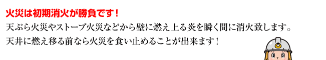 火災は初期消火が勝負です！天ぷら火災やストーブ火災などから壁に燃え上る炎を瞬く間に消火致します。天井に燃え移る前なら火災を食い止めることが出来ます！