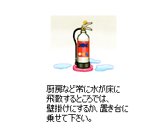 厨房など常に水が床に飛散するところでは、壁掛けにするか、置き台に乗せて下さい。